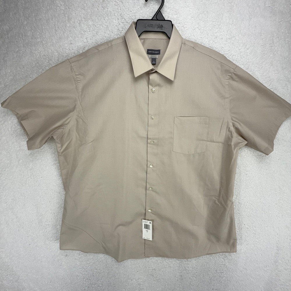 Van Heusen Mens Regular Fit Wrinkle Free Short Sleeve Dress Shirt‎ Tan Stone 18